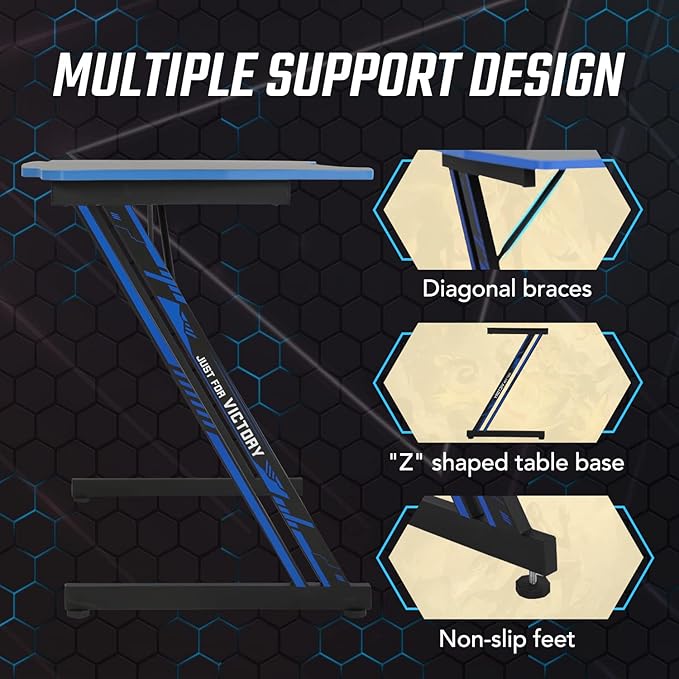 BestOffice Gmaing Desk Z Shaped 39.4in Computer Gaming Workstation Ergonomic Gaming Table with Headphone Hook for Game Players, Blue