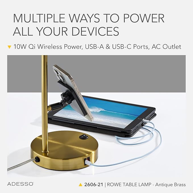 Adesso Supercharger Lamp with USB-A, USB-C, AC Outlet & Wireless Charging Pad – Antique Brass Desk Lamp with Adjustable Shade and Power Station Base for Home, Office, or Dorm