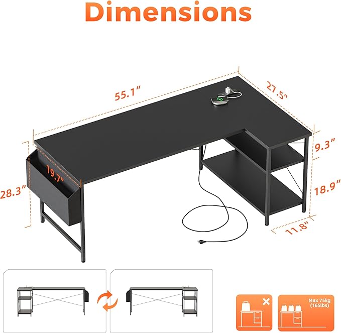 Mericonia Small L Shaped Computer Desk with Power Outlets, Reversible Gaming Desk with Storage Shelves, Corner Gamer Desk Table, Study Writing Table