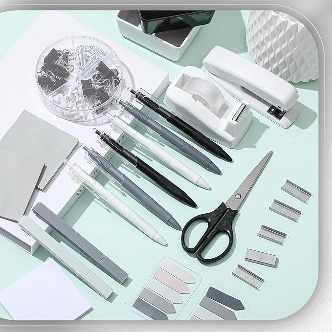 Kosiz 27 Pcs Black and White Desk Accessories Gift for Aesthetic Desk Organizer White Office Supplies Pen Holder Sticky Notes Stapler Binder/paper Clips Scissor Staple for Women(Classics)