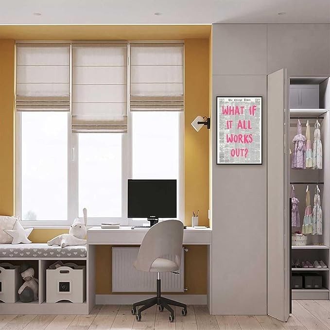 What If It All Works Out Poster Retro Newspaper Pink Font Canvas Wall Art Positive Affirming Quote Minimalist Prints Painting For Home Bedroom Dorm Wall Decor 8x12in Framed