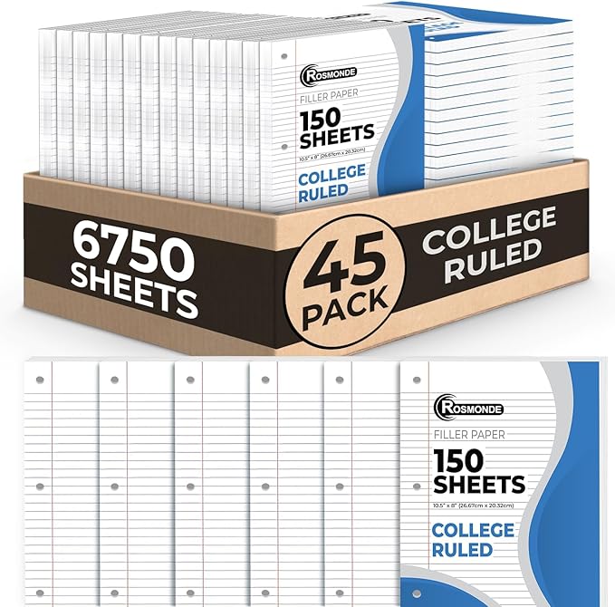 Rosmonde Loose Leaf Paper Bulk, 6750 Sheets, 45 Pack, College Ruled, 8 x 10.5", 150 Sheets/Pack, 3 Hole Punch, Bulk Notebook Paper, Filler Sheets, Fits Standard Binders, Fights Ink Bleed, White