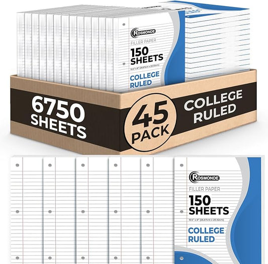 Rosmonde Loose Leaf Paper Bulk, 6750 Sheets, 45 Pack, College Ruled, 8 x 10.5", 150 Sheets/Pack, 3 Hole Punch, Bulk Notebook Paper, Filler Sheets, Fits Standard Binders, Fights Ink Bleed, White