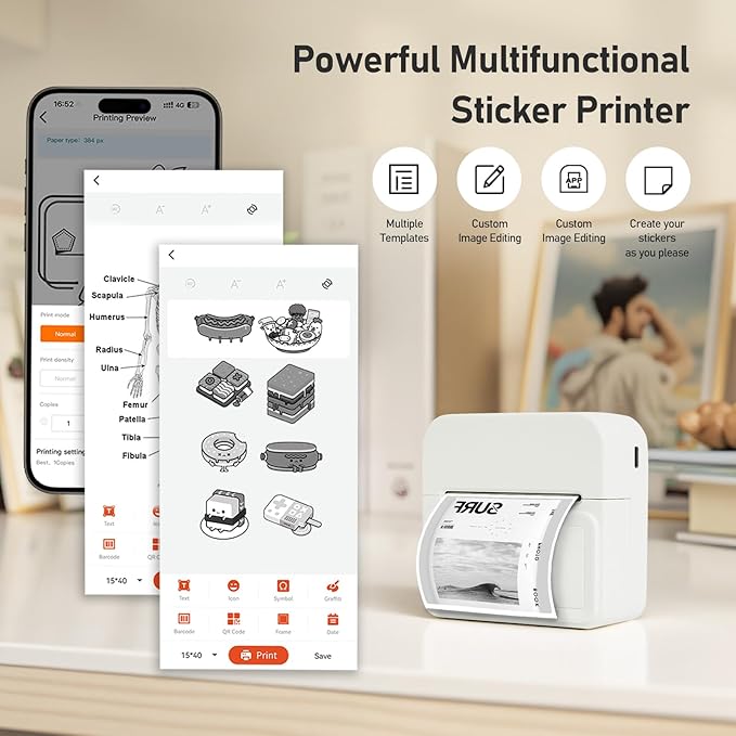 Portable Thermal Mini Sticker Printer: Wireless Bluetooth Label Maker Machine for Small Business Trip Travel Home Office - 2 Inch Label Makers Perfect for iOS & Android Phone