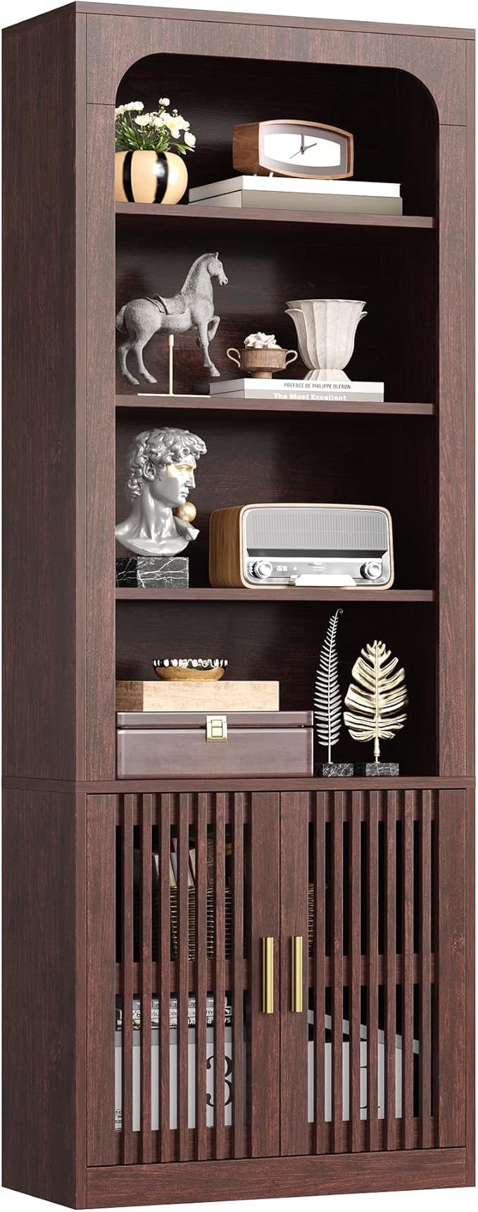 IRONCK Mid-Century Book Shelf, 6-Tier Floor Standing Bookcase with Grille Doors, Tall Storage Shelves for Display & Organizing, Suitable for Home Office, Living Room(Natural Red Walnut)
