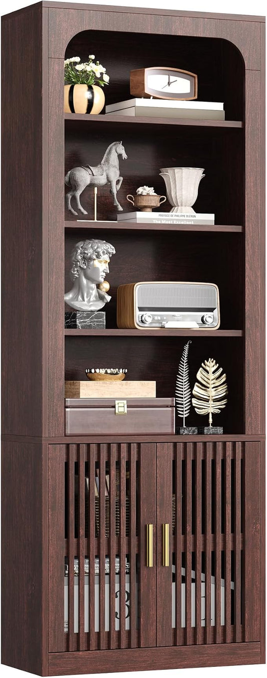 IRONCK Mid-Century Book Shelf, 6-Tier Floor Standing Bookcase with Grille Doors, Tall Storage Shelves for Display & Organizing, Suitable for Home Office, Living Room(Natural Red Walnut)