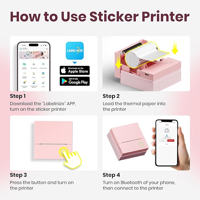 Sticker Printer, PM290C Portable Mini Printer, Inkless Bluetooth Sticker Maker with 3 Rolls Paper, Impresora Portátil for Notes, Journal, DIY, Gift, Print Pod for School/Office/Home, Pink