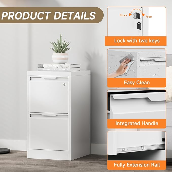 Coolsun 2 Drawer Vertical File Cabinet with Lock, Metal Filing Cabinet for Home Office, Locking File Cabinet for A4/F4/Legal/Letter, Assembly Required (White, 2 Drawer)