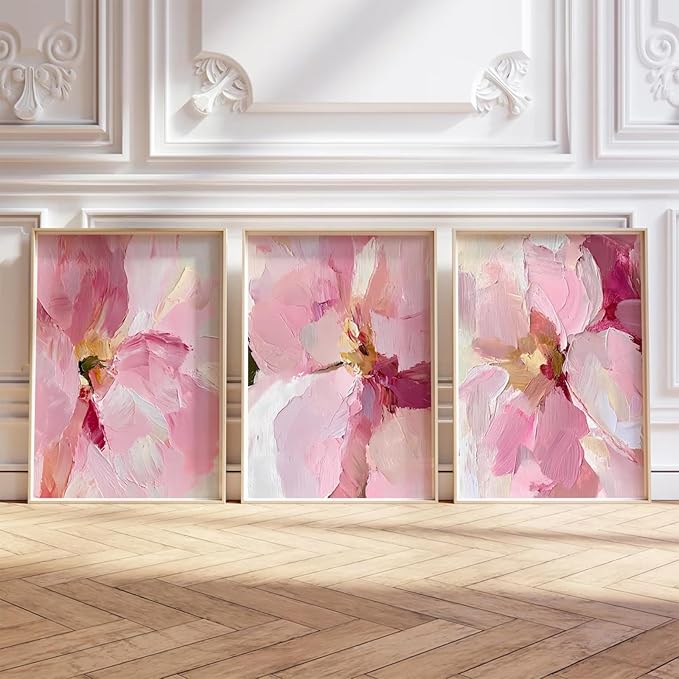 Abstract Floral Wall Art Pink Flower Canvas Pictures Modern Wall Decor Blush Pastel Pink Prints Peony Painting Minimalist Poster Botanical Artwork for Bedroom Living Room 16x24 Inch Unframed set of 3