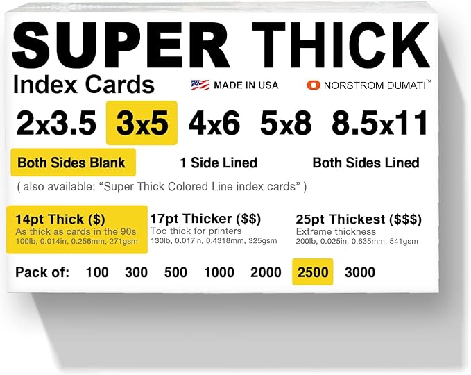 2,500 SUPER THICK index cards / 3"x5" / 14pt (0.014") 100lb / blank un-ruled/archival acid-free in bulk