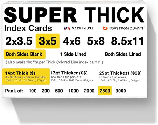 2,500 SUPER THICK index cards / 3"x5" / 14pt (0.014") 100lb / blank un-ruled/archival acid-free in bulk