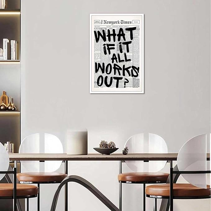 Retro Black And White Newspaper Poster What If It All Works Out Canvas Wall Art Positive Affirming Quote Minimalist Prints Painting For Home Bedroom Dorm Wall Decor 12x16in Unframed