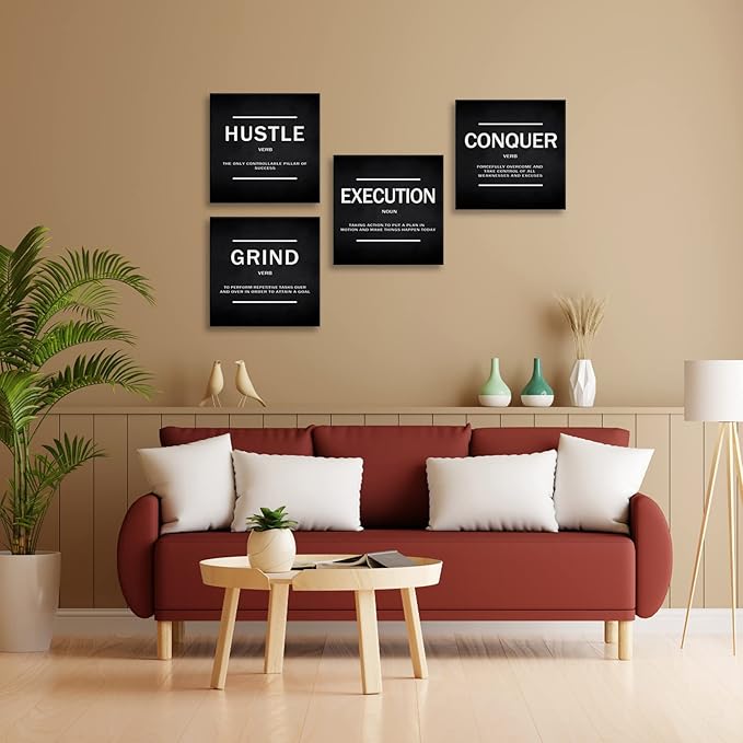 BWSPACE Grind Hustle Execution Conquer Entrepreneur Quotes Inspirational Wall Art Canvas Painting Decor for Office Bedroom Living Room(12" Wx12 Hx4pcs)