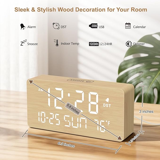 DreamSky Wooden Digital Alarm Clocks for Bedrooms - Living Room Desk Clock with Date and Day of Week, Temperature, USB Port, Dimmer Wheel, Adjustable Volume, Auto DST, Wood Decor for Office Table