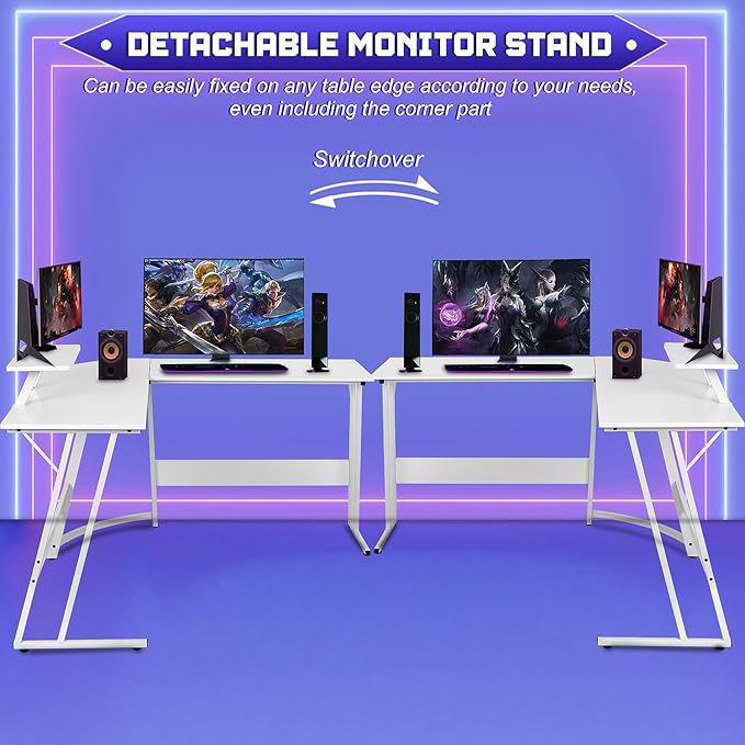 NChanmar L Shaped Gaming Desk with Monitor Riser Stand, Home Office Corner Desk for Studying, Working and Gaming, Large Desktop, White