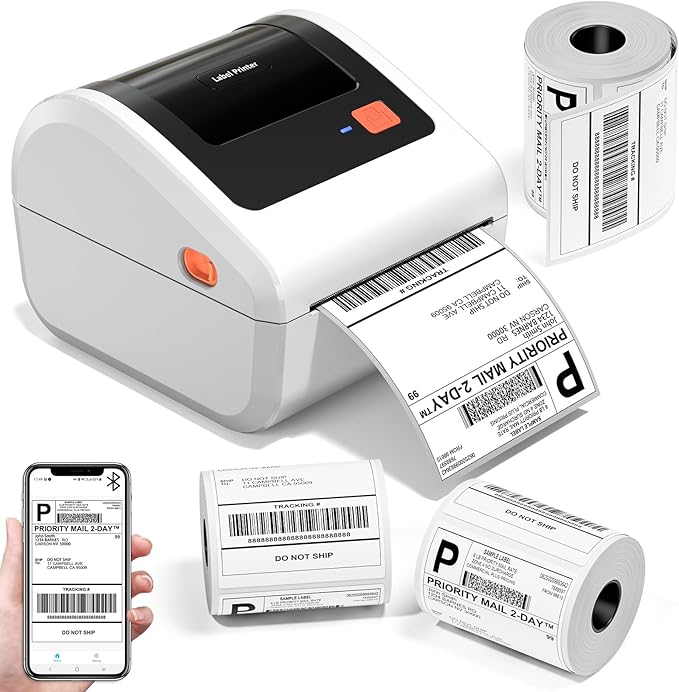 Bluetooth Shipping Label Printer with 3 Roll Labels, D450BT White Thermal Label Printer 4x6 for Small Business, Thermal Printers Come with 750PCS 4x6‬ White Labels (250 Labels/Roll)