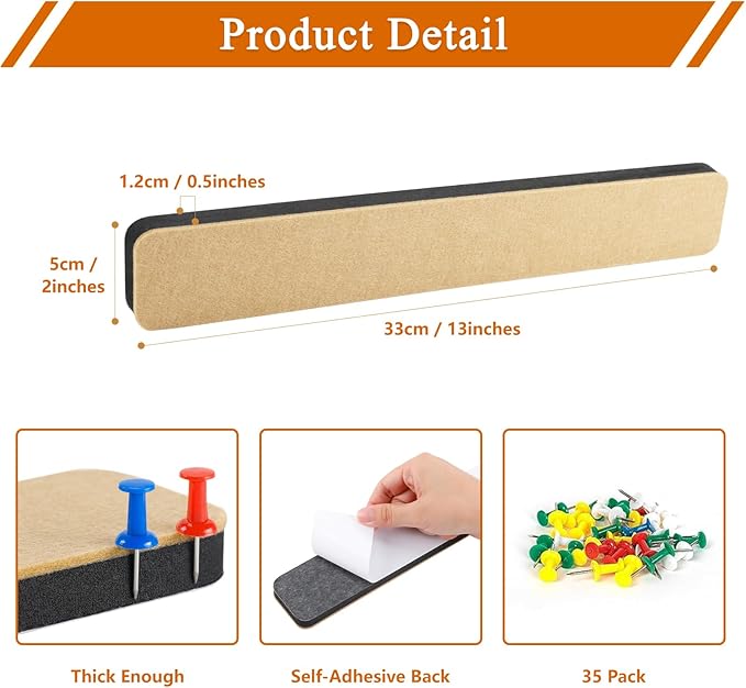 8Pcs Rectangle Felt Cork Board Bar Strips with 35 Pushpins, Self-Adhesive Bulletin Board Strips for Office School Home Wall Decor Stickers Memos Schedules Photos Display -Gradual Grey
