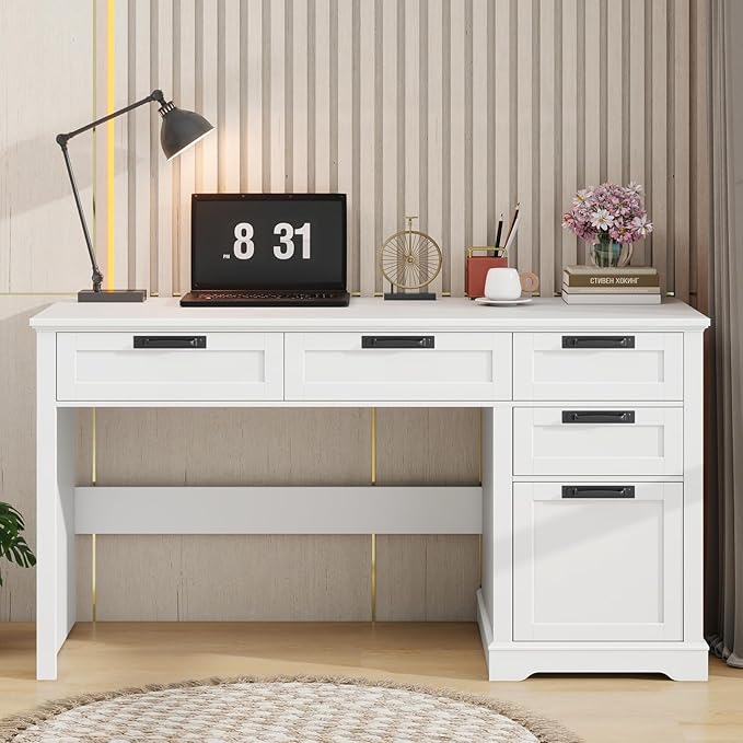 Vabches 55" Farmhouse Home Office Desk with File Drawer, Executive Computer Desk with 4 Storage Drawers, Rustic Computer Desk for Working, Studying, Writing, White