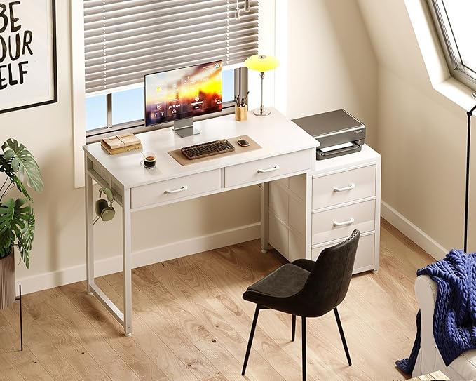 ODK Computer Desk with 5 Drawers, 53 Inch Office Desk for Kids Study, White Vanity Desk for Girls Dressing Room, Small Computer Table for Bedroom, White