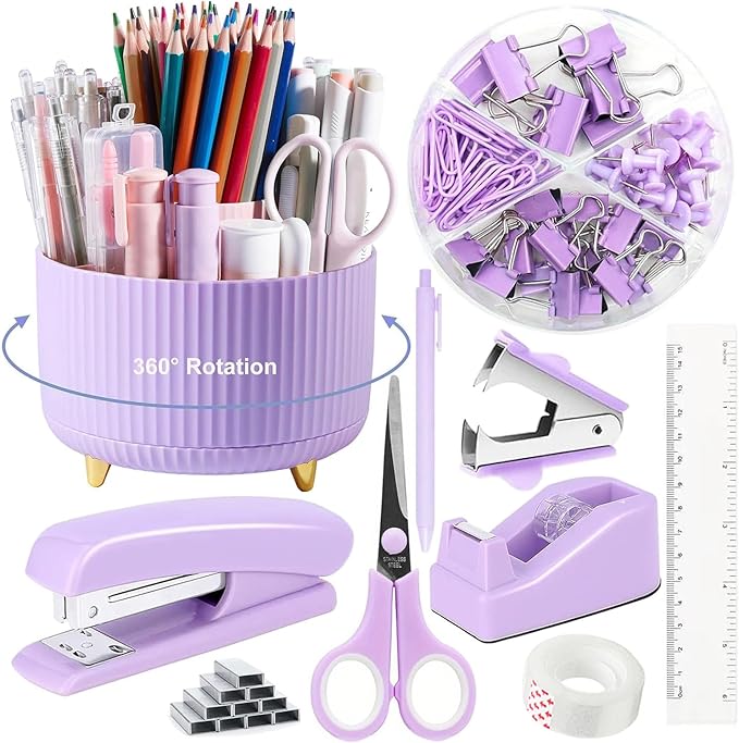10pcs Purple Office Accessories for Women, Office Supplies Set, Desk Organizer with 360° Rotating Pen Holder, Stapler, Staple Remover, Tape Dispenser, Scissor, Ruler, Gift for Students, Office Clerks