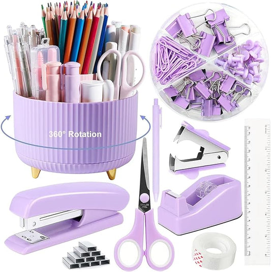 10pcs Purple Office Accessories for Women, Office Supplies Set, Desk Organizer with 360° Rotating Pen Holder, Stapler, Staple Remover, Tape Dispenser, Scissor, Ruler, Gift for Students, Office Clerks