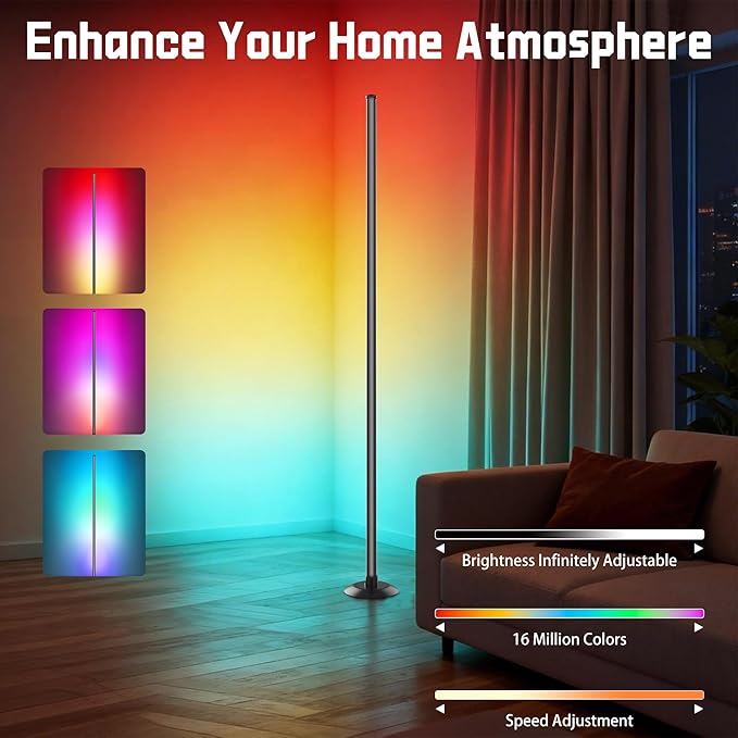 Led Corner Floor Lamp USB Powered with App & Remote Control, Color Changing Led Lamp Music Sync IC+RGBW, Timer, 64+ Music Modes, Standing Lamps for Living Room Lamp Bedroom Gaming Room, 1 Pack