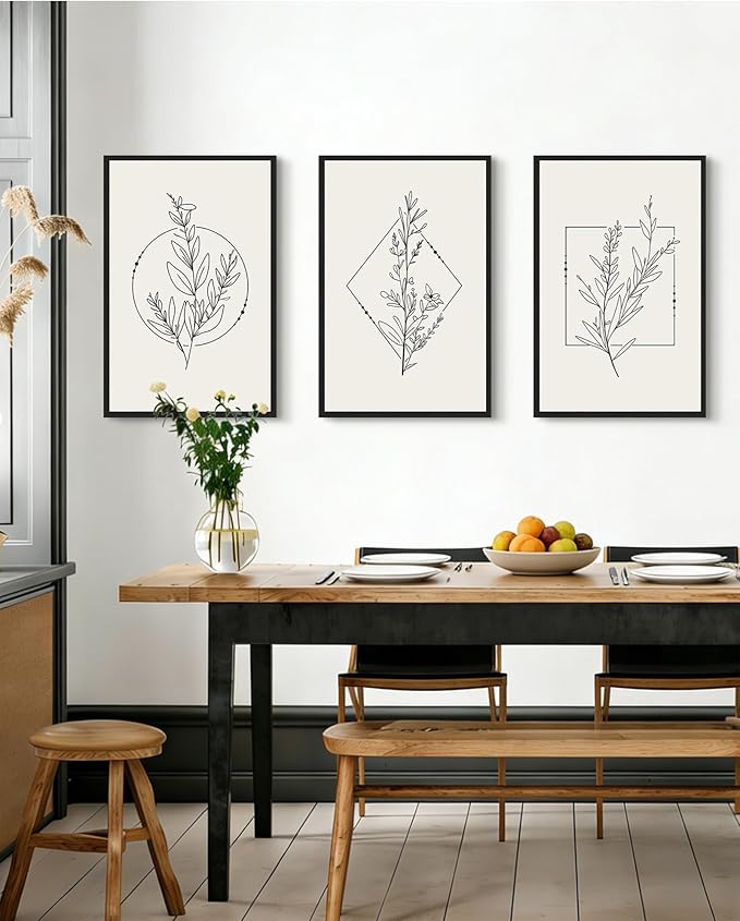 Drsoum Minimalist Flower Wall Art Vintage Wall Hanging Decor Black Line Botanical Prints Artwork for Bedroom Living Room Hallway 16x24in Black Framed