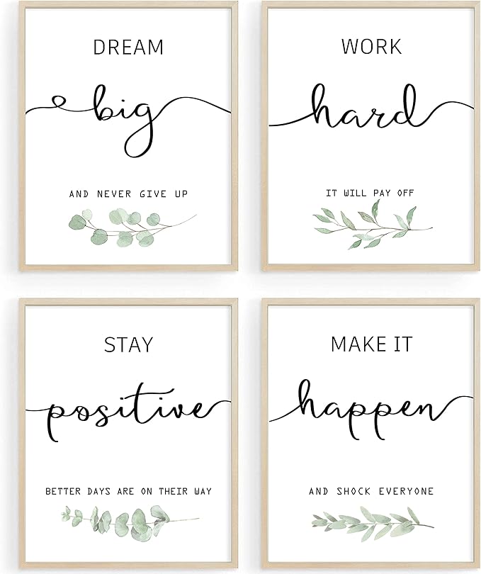 Inspirational Wall Art Office Decor, Motivational UNFRAMED Wall Art Prints for Bedroom,Living Room,Office,Classroom, Set of 4, 8"x10"