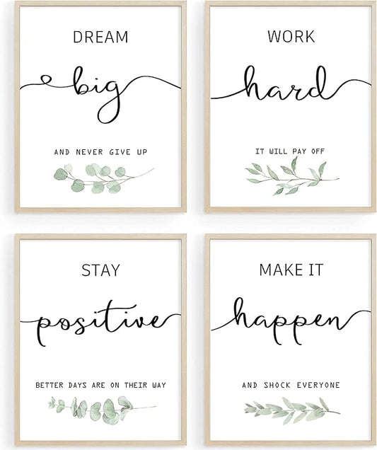 Inspirational Wall Art Office Decor, Motivational UNFRAMED Wall Art Prints for Bedroom,Living Room,Office,Classroom, Set of 4, 8"x10"