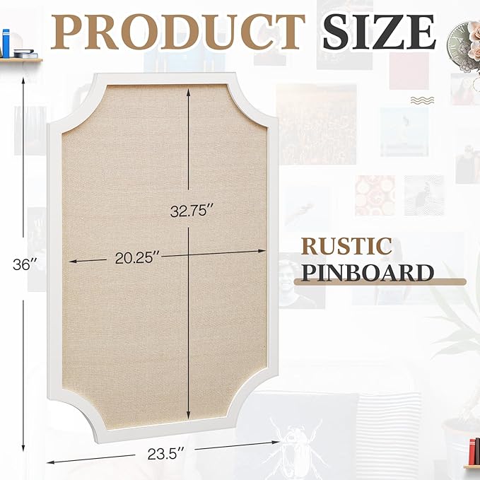 Vintage Framed Pin Board Linen Display Bulletin Board Large Cork Fabric Picture Photo Pinboard Memo Ornate Decorative Pinboard Ornate for Wall Gift(Scalloped,24'' X 36",Farmhouse White)