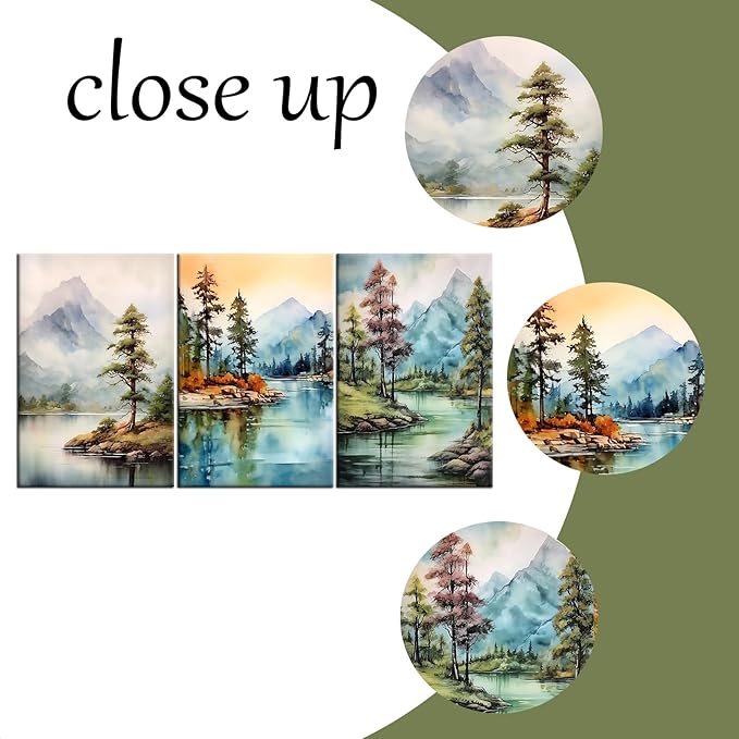 3 Pieces Landscape Canvas Wall Art Large Size Poster Mountain Range Forest Trees Lakes HD Picture Print Artwork for Modern Home Living Room Office Wall Decoration Stretched and Framed [72''Wx 36''H]