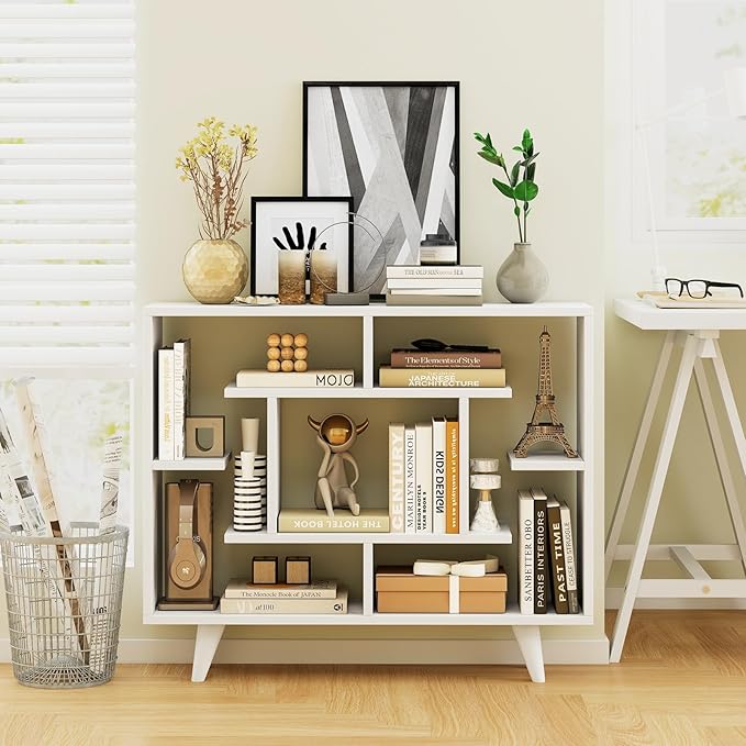 Tangkula Geometric Bookshelf, 3 Tier Modern Freestanding Open Bookcase with Anti-Tipping Devices & Legs, Home Office Decorative Storage Organizer Display Shelf for Living Room Study (White)