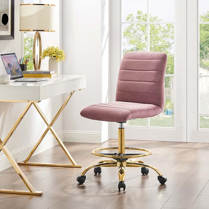 Modway Ripple Armless Performance Velvet Drafting Chair in Gold Dusty Rose