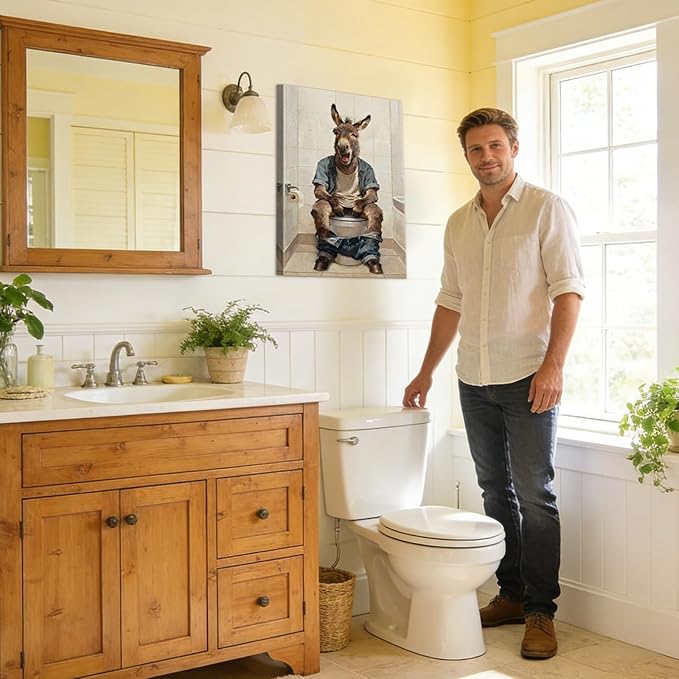 Funny Donkey Bathroom Wall Art Humorous Bathroom Pictures Wall Decor with Wooden Frame, Lightweight Donkey Sitting on Toilet Pictures Poster Animals Painting for Home Toilet Decor, 24x36 Inches
