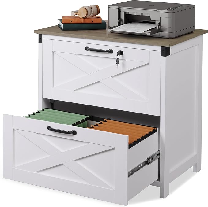 DEVAISE 2 Drawer Farmhouse File Cabinet with Lock, Lateral Filing Cabinet for Letter/Legal/A4 Size, Wood Printer Stand for Home Office, White