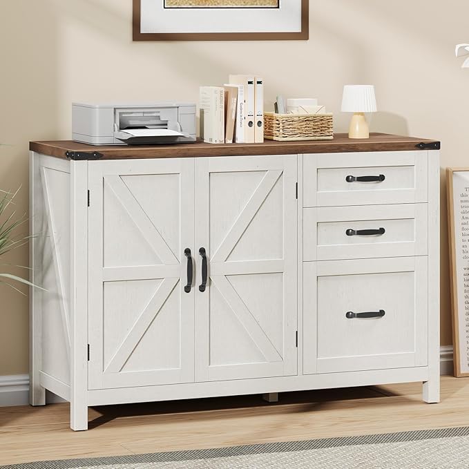 Farmhouse File Cabinet with Doors, Lateral Filing Cabinet with 3 Drawers for Letter/A4 Size Hanging Files, Large Wooden Storage Cabinet with Adjustable Shelves for Home Office, White and Brown