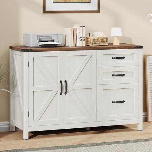 Farmhouse File Cabinet with Doors, Lateral Filing Cabinet with 3 Drawers for Letter/A4 Size Hanging Files, Large Wooden Storage Cabinet with Adjustable Shelves for Home Office, White and Brown