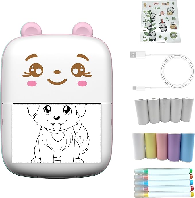 Sticker Printer with 10 PaperRolls ，Mini Portable Thermal Printing Pod， Ink-Free Bluetooth Label Maker Perfect Girls, DIY Crafts, Journals, Photos, Office & Home Use Printing Gift (Pink)