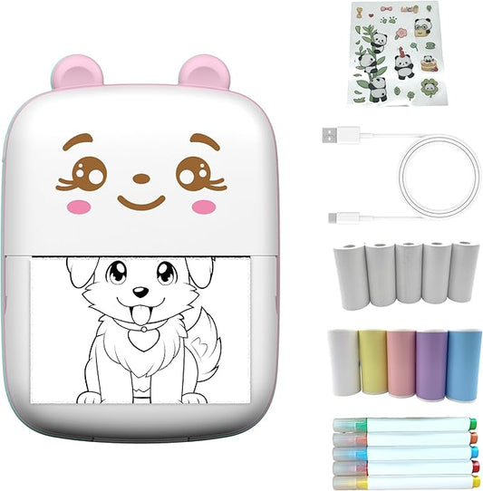 Sticker Printer with 10 PaperRolls ，Mini Portable Thermal Printing Pod， Ink-Free Bluetooth Label Maker Perfect Girls, DIY Crafts, Journals, Photos, Office & Home Use Printing Gift (Pink)