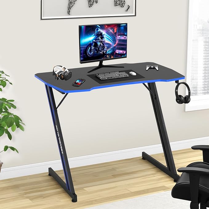 Gaming Desk 39 Inch Z-Shaped Computer Desk Modern Ergonomic PC Computer Table Home Office Desk Racing Style Gaming Workstation with Headphone Hook, Blue