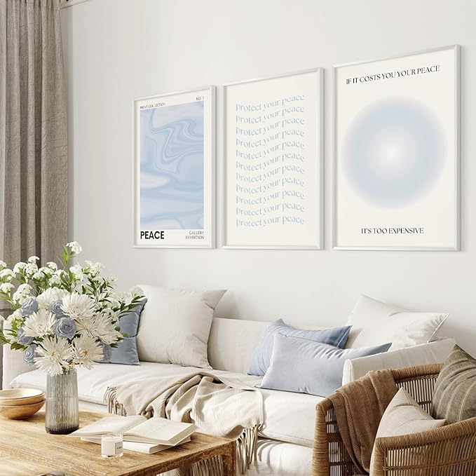 Blue Aura Wall Art Decor Retro Aesthetic Canvas Wall Art Pastel Abstract Pictures Prints Preppy Gradient Spiritual Poster Trendy Artwork Blue Painting for Room Bedroom 16x24 Inch Unframed Set of 3