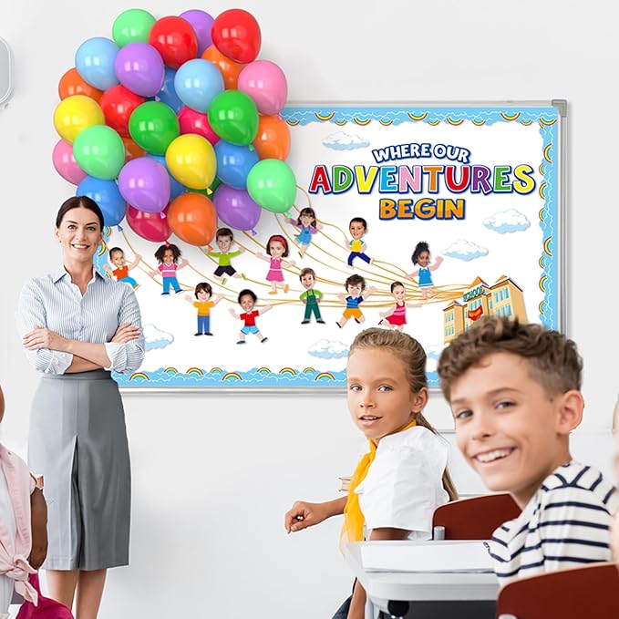 3D Colorful Balloon Bulletin Board Set Adventure Balloon Cloud Classroom Decoration DIY Photo Cutouts Borders Motivational Where Our Adventure Begins Bulletin Board Classroom Wall Party Supplies Decor