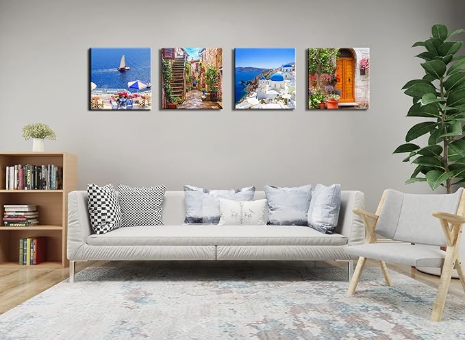 Santorini Greece Canvas Wall Art, Nature Landscape Pictures Print Rustic Scenic Paintings for Bedroom Living Room Office, Wall Decor Modern Artwork