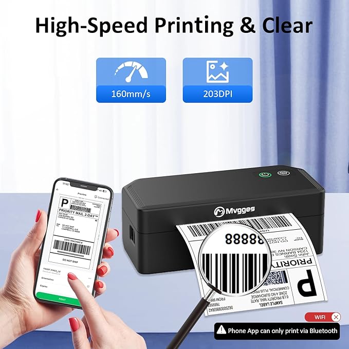 Mvgges Shipping Label Printer,Bluetooth 4x6 Thermal Label Printer for Small Business Office or Home, Compatible with Android, iOS, Windows and Mac, Widely Used for Amazon,USPS,Etsy