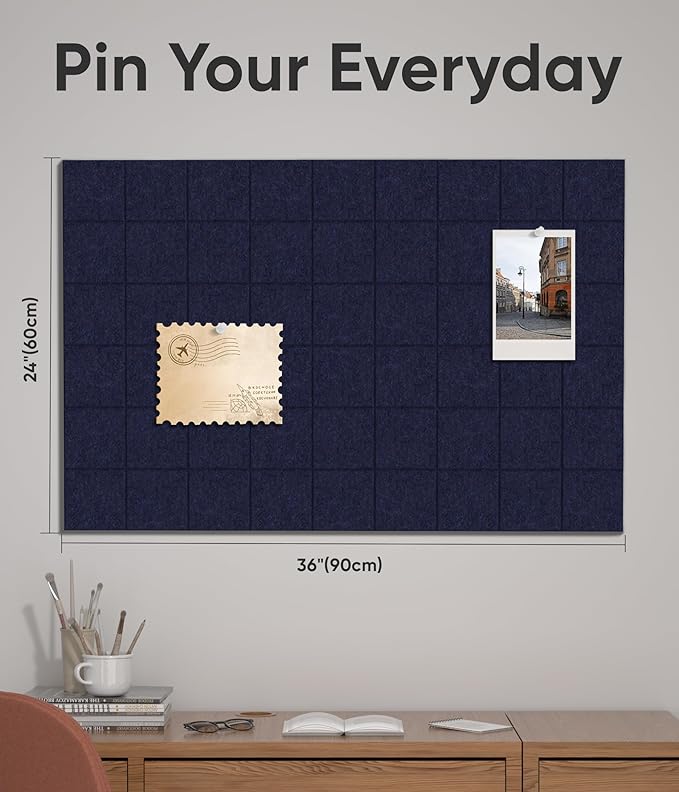 Large Cork Board for Walls 36" x 24", 6 Pack Felt Wall Tiles with Push Pins for Office Home, Pin Board Bulletin Board for Photo Pictures, Navy Blue
