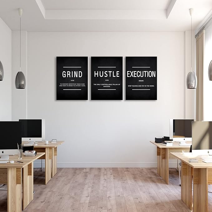 BWSPACE Grind Hustle Execution Wall Art Motivational Wall Decor Office Wall Decor Pictures Posters 3 Pieces Framed Canvas Wall Prints Artwork Home Gym Ready to Hang (48" W x 24" H, GRIND)