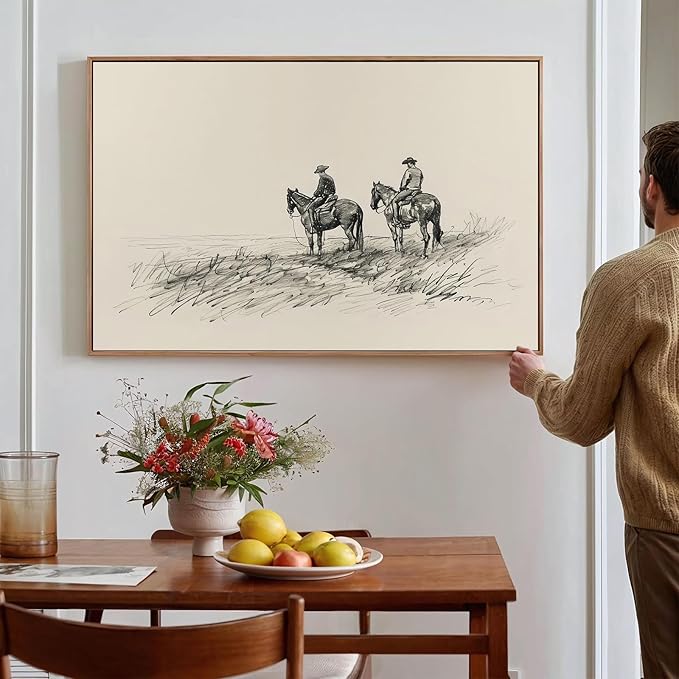 Vintage Cowboys on Horses Sketch Canvas Print Neutral Western Wall Art Farmhouse Wall Decor Rustic Country Art Poster Trendy Eclectic Vintage Artwork Prints for Living Room Dorm Office Decor, Unframed