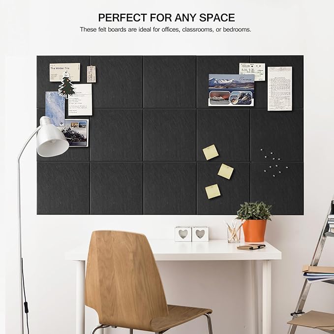 MAXECHO 15-Pack Cork Board Tiles for Wall, Large (59" x 36") Black Felt Bulletin Board with Pushpins, Felt Wall Tiles for Office Corkboard, Push Pin Board Felt Board