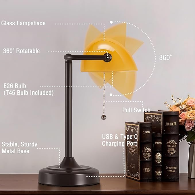 Vintage Bankers Lamp - Retro Desk Lamp with USB & Type C Charging Ports Traditional Pull Chain Switch Library Table Lamp for Home Office Nightstand Bedroom Side Table Lamp(Amber Glass Shade)