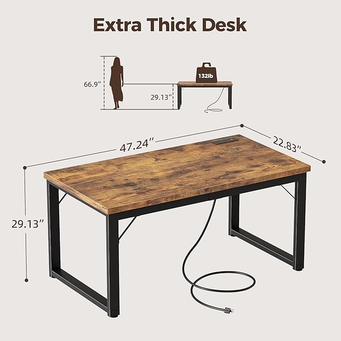 Mericonia 48 Inch Computer Desk with Power Outlets, 1.2" Thick Heavy Duty Industrial Office Desk, Modern Simple Study Writing Table for Home Bedroom Workstation, Brown